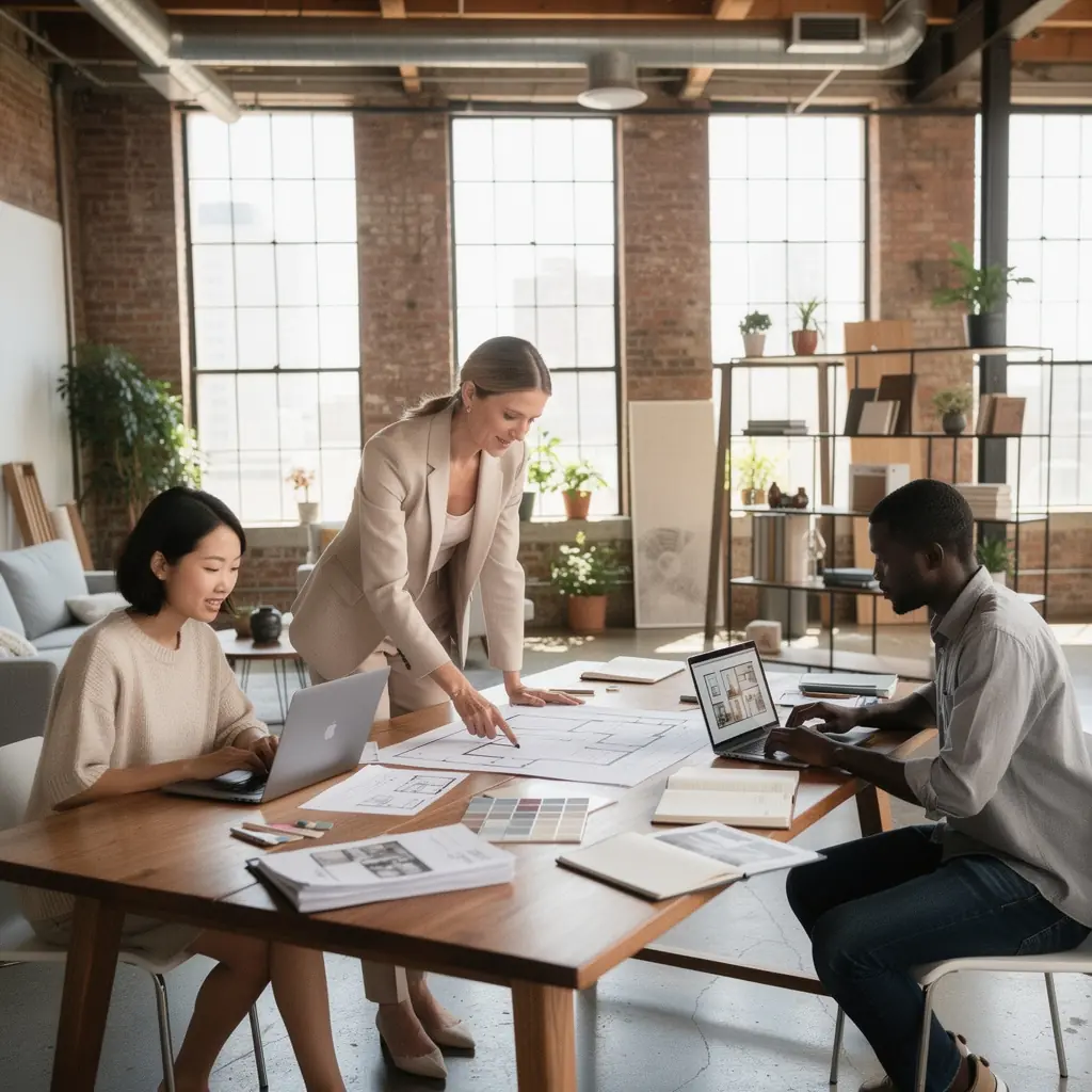Zespół ekspertów w biurze doradczym omawiający strategie zakupu nieruchomości.