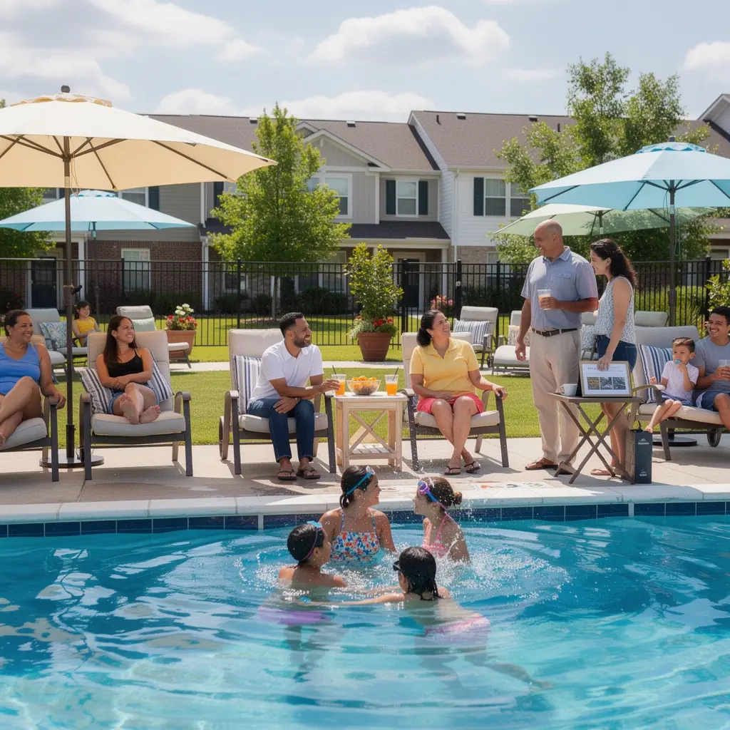 Zespół doradców pomagających w wynajmie i zakupie domów w Stanach Zjednoczonych, z lokalnymi materiałami powitalnymi.