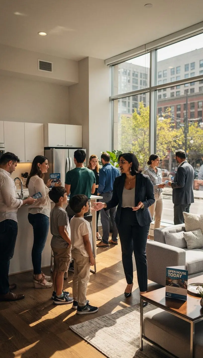 Grupa ludzi rozmawiających o zakupie domu przy stole w biurze doradczym.