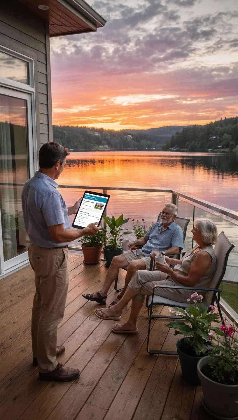 Rodzina przeglądająca oferty wynajmu mieszkań w przytulnym biurze doradczym.